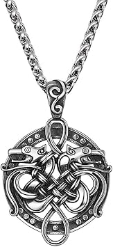 Mens Viking Double Dragon Celtic Knots Fenrir Pendant Necklace, Gothic Punk Stainless Steel Carved, Vintage Round Coin Charms with 2 Pcs Chain, Nordic Pagan Talisman Jewelry