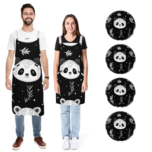 Lot de 2 tabliers de cuisine en lin panda noir et blanc réglables avec 2 poches