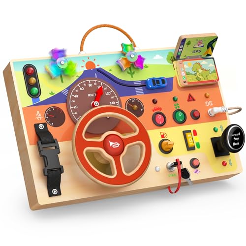 Montessori Wooden Busy Board with Steering Wheel & Driving Toys - Sensory Activity Boards for Toddlers 1-3, Car Themed Fidget Toy with Lights, Switches & Windmill Spinner, Travel Gift for Boys Girls