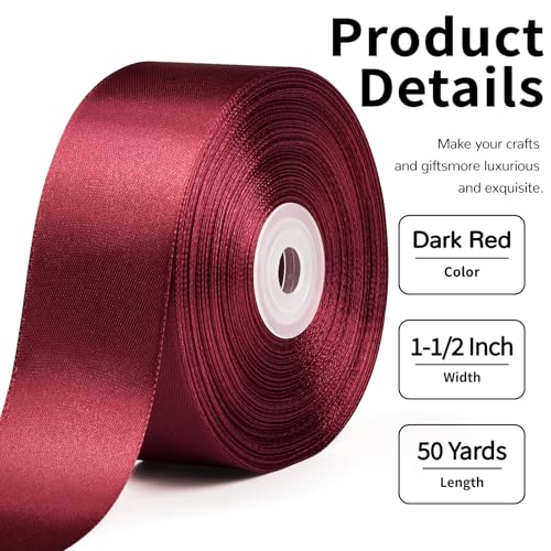 Image of Mauproy 1-1 /2 Inch Wide Dark Red Satin Ribbon, 50 Yards Solid Polyester Fabric Ribbon for Roses Making, Gift Wrapping, Flower Bouquets, Wedding Decorations, Handmade Crafts