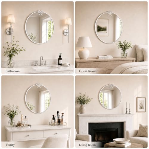 Image of 24 Inch White Circle Mirror Round Wall Mirror Vintage Bow Mirror Decor