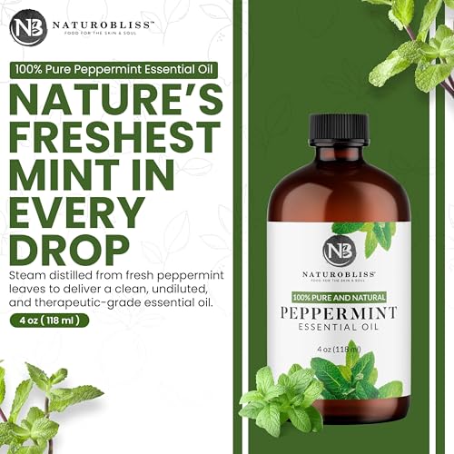Image of NaturoBliss Peppermint Essential Oil, 100% Pure and Natural Therapeutic Grade, Premium Quality Peppermint Oil, 4 fl. Oz - Perfect for Aromatherapy and Relaxation
