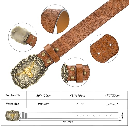 YCMI Western Cowboy Belts for Men Women - Bull Buckle Vintage Floral Engraved Belt for 28" to 40" waist3