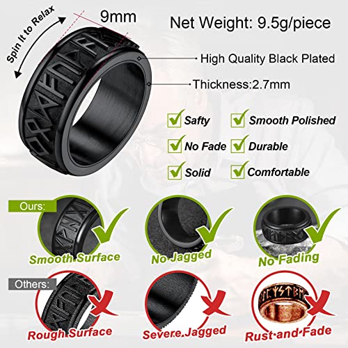 Rotating Fidget Rings Women's Spinner Bands 9Mm Black Stainless Steel Norse Rune Band Ring Amulet Thumb Finger Charms #TOP4