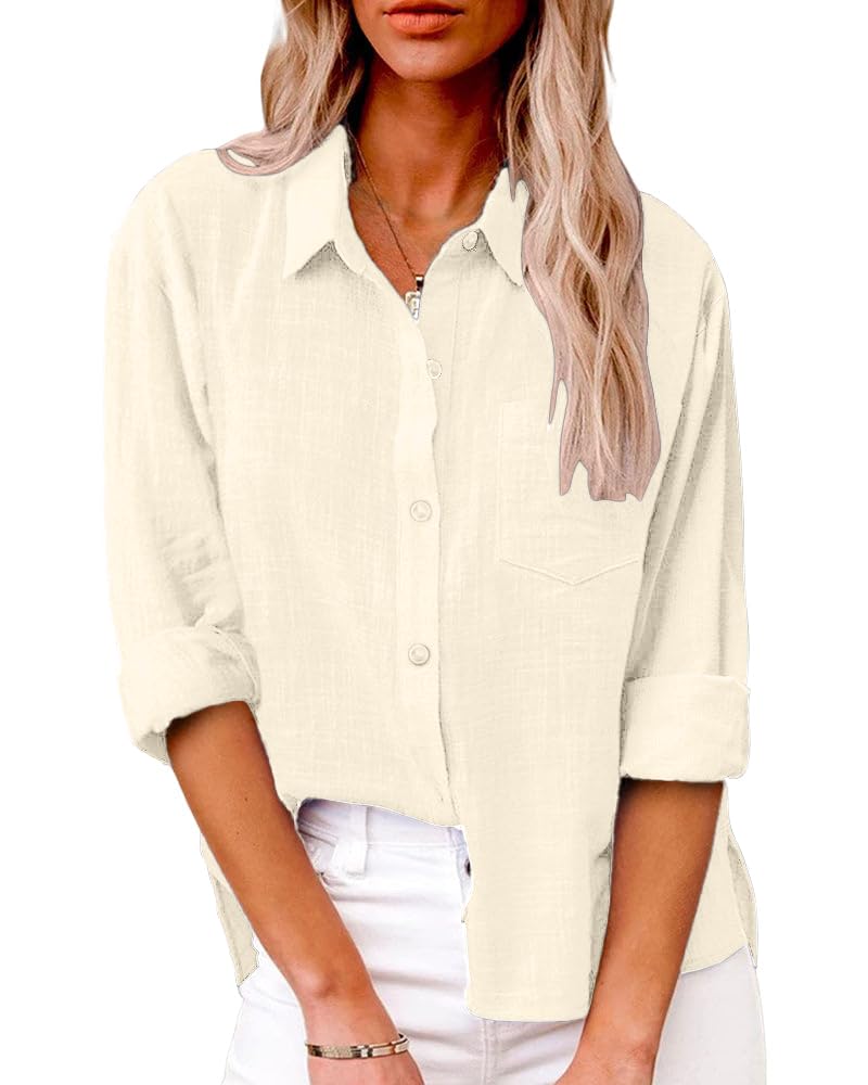 Friptspyg Bluse Damen Lässiges Langarm Hemdbluse Elegant Blusen & Tuniken für Damen V-Ausschnitt 100% Baumwolle Solide Sommer Oberteile mit Tasche
