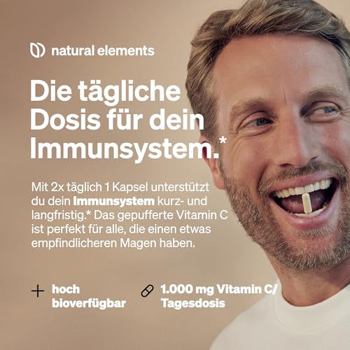 natural elements Vitamin C - 120 Kapseln - Hochdosiert mit 1000mg + 15mg Zink - Pflanzlich fermentiert & gepuffert (pH-neutral, säurefrei, magenschonend) - vegan, laborgeprüfte Qualität