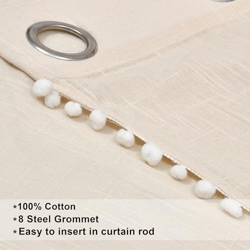 Image of THE LINEN COMPANY Cotton Sheer Grommet Curtains with Side Border Pompom Sheer Curtain for Window Linen Textured, Light Filtering, Pack of 2 (Natural, 5 Feet)