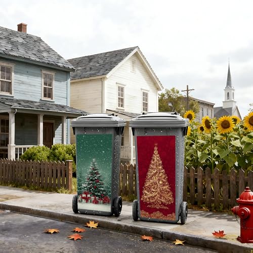 Image of 2 PC Trash Can Sticker 14.57 x 32.28 Inch Christmas Tree Gift Box Vinyl Sticker with Gold Ornament Snowflake and Red Background Pattern for Outdoor Garbage Bin Garden Yard Decor