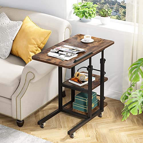Tribesigns Height Adjustable C Table With Storage, Mobile Couch Snack Side Table With Tiltable Drawing Board, Rolling Sofa Bedside Table Laptop Rolling Cart For Bedroom, Living Room (Rustic Brown) #TOP3