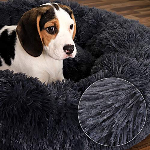 lionto Donutbett für Hunde und Katzen, Flauschiges Hundebett rund für kleine und große Heimtiere, Ø 60 cm, weiches Katzenbett aus kuscheligem Plüsch, Hundekissen mit extra Dicker Füllung, dunkelgrau