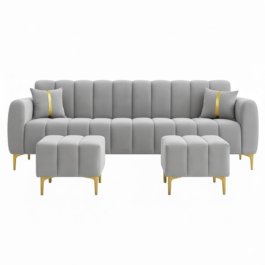Solid Wood 3 Seater Sofa with 2 Ottoman Stools (1+1) | Wooden Sofa Set for Living Room | Premium Cushioned Sofa with Multipurpose Ottomans (Brown/Beige) (Light Grey)-image-24