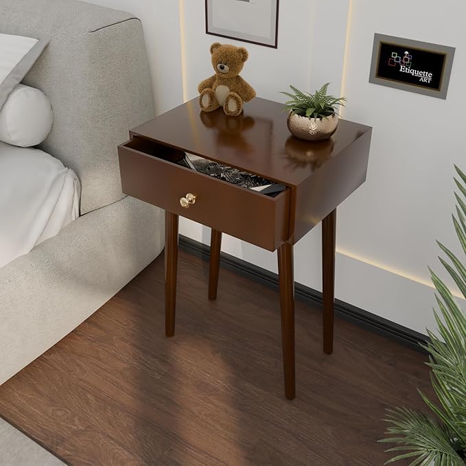 Image of Device Bas with BROWN ART SHOPPEE Nightstands End Side Table with Drawer and Solid Wood Legs, Bedside Table for Bedrooms, Century Modern Drawer Storage Cabinet for Living Room Furniture (Full Brown)