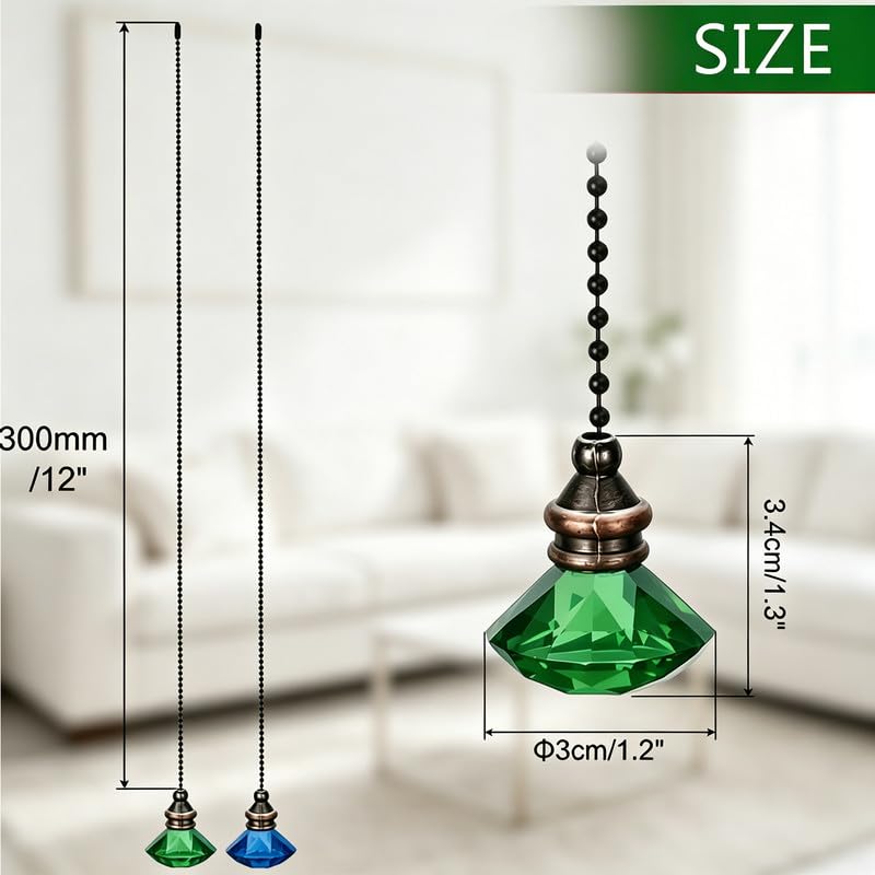Image of Crystal Diamond Ceiling Fan Pull Chain Ornament, 12 inch Ball Chain Blue & Green Fan Light Pulls Decorative Extension with Connector