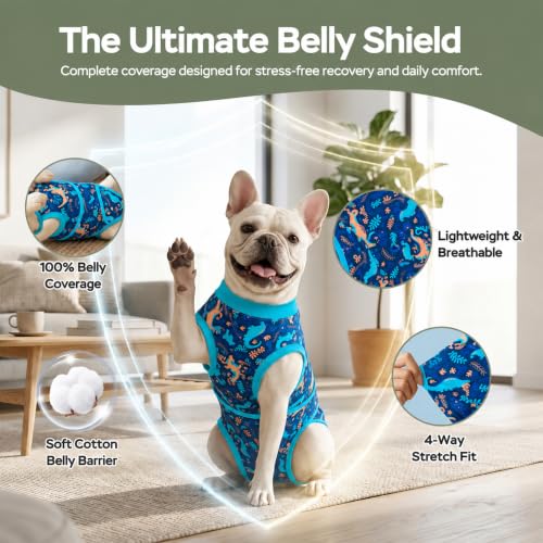 Image of PetWarm After Surgery Onesie for Dogs, Pet Coat's Inner Clothes, Dog Cone Alternative After Surgery Suit for Dogs Female Male Dog Onesie for Spay Neuter, Dinosaur Pattern, Green, XS