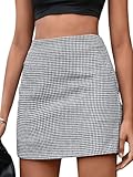 MakeMeChic Women's Houndstooth Mini Skirt High Waist Zipper Elegant Bodycon Short Skirts Black and White Medium