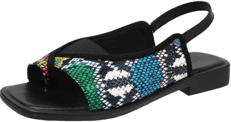 Ladies' fashionable snake skin pattern slippers and sandals - Colorful snakedesign, low heel rubber sole, toe ring design, suitable for casual or summer wear, comfortable open-toed