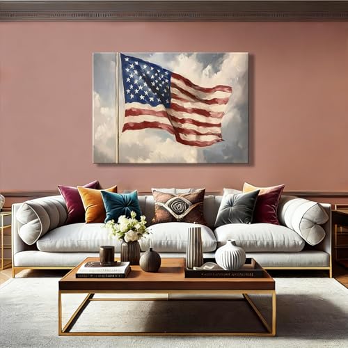 Image of Vintage American Flag Framed Canvas Wall Art 24x36in, Patriotic Oil Painting Canvas Print, 4th of July Independence Day Wall Decor for Living Room, Bedroom, Office, Made in USA