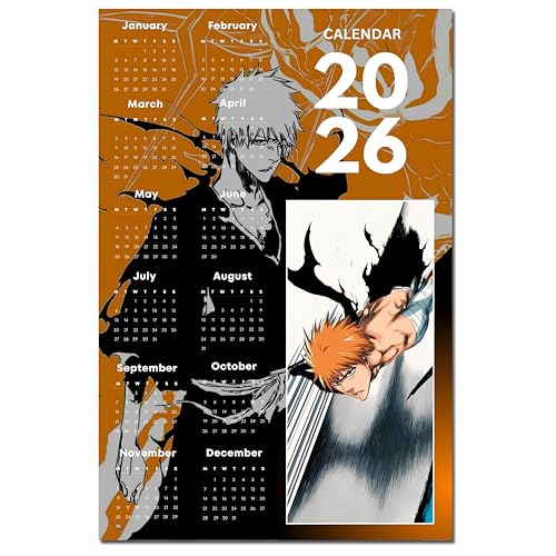 Image of 2026 Anime Calendar - Ichigo Kurosaki (orange) from Bleach | 12 inch x 18 inch size | Wall Decoration Aesthetic Calendars