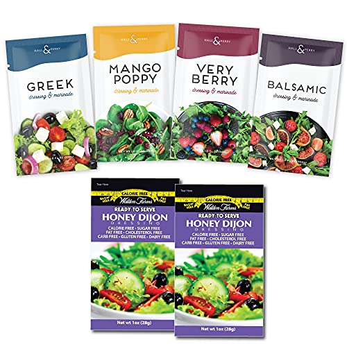Hall & Perry Dressing Variety Pack- 12-1 oz Pouches of (Very Berry, Mango Poppy, Balsamic, Greek) and BONUS Walden Farms Calorie Free Salad Dressing Packets- Sampler Pack, 2-1 oz Pouches in Honey Dijon