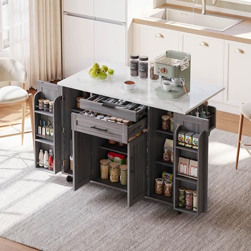 Yihomfy Desserte îlot de Cuisine sur roulettes, Meuble de Cuisine avec Plans de Travail Rabattable, Porte-épices, 2 Tiroirs, 4 Portes avec Rangement (2 avec...
