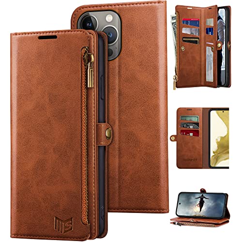 Étui portefeuille iPhone 14 Pro SUANPOT marron clair en cuir PU antichoc