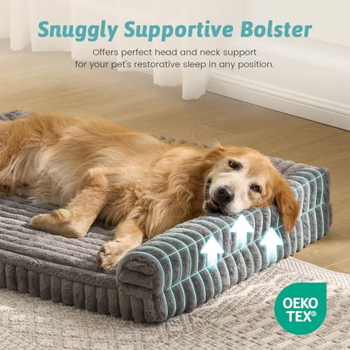 COZY KISS Orthopaedic Dog Bed for Extra Large Dogs 120x88x17cm – Washable Dog Sofa with Egg-Crate Foam, Ergonomic Pet Couch, Removable Waterproof Corduroy & Soft Faux Fur Cover, Grey - Image 5