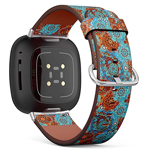 CJBROES Replacement Leather Watch Band, Compatible with Fitbit Versa 3 and Fitbit Sense of Wristband Bracelet Accessory - Indian Ethnic Ornament Paisley Mehndi
