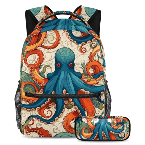 Sac d'école avec trousse à crayons motif artistique pieuvre pour adolescents et étudiants