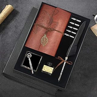 Quill Pen and Ink Set, Antique Feather Dip Pen Calligraphy Pen Set, including Feather Pen, 5 Replacement Nibs, Pen Nib Base, Notebook, Ink, Gift Box, Best Gifts for Him Men Dad (Black)