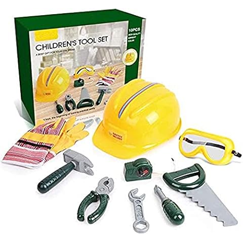 Veluoess 10 PCS Kids Tool Set,Children's Tool Playset with Safety Helmet Goggle Gloves and Tool Accessories,Pretend Play Toy Construction Tool Set Learning Gifts for Boys and Girls 3 Years + Cover