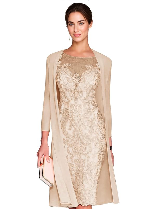 Mother of The Bride Dresses for Wedding Lace Knee Length Chiffon Gown 3/4 Length Sleeve Lace Formal Dresses