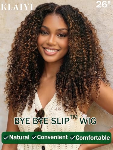 Image of KLAIYI Bye Bye Slip Ombre Brown Burmese Curly Glueless Precut 7x5 Lace Front Human Hair Wig with Finger Coil Ends Drawstring Chestnut Brown Pre Plucked Bleached Knots Ready to Wear and Go Wig 24Inch