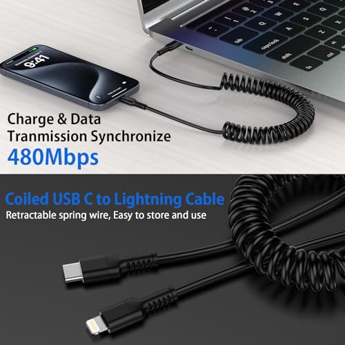 Coiled USB C to Lightning Cable[Mfi Certified], iPhone Car Charger Apple Carplay Cable, Short USB-C to Lightning Cable with Data Sync, Retractable Apple Charging Cable for iPhone14/13/12/11/Pad/iPod