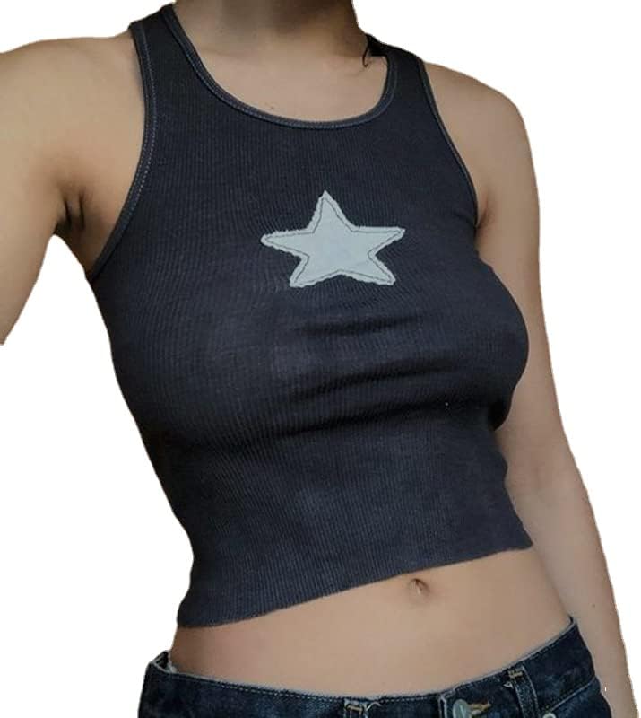 Camiseta corta sin mangas con estampado de estrellas bordadas y cuello redondo para mujer, estilo Y2K, de punto acanalado, sexy, ropa de calle