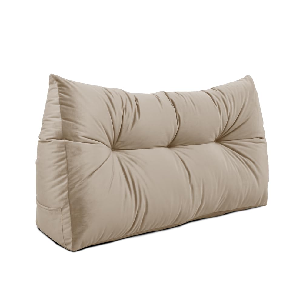Lancashire Textiles Beige 20 X 50 X 90Cm (Single Bed) Luxury Velvet Triangular Wedge Bedroom Headboard Cushion - Headboard Bolster Support Pillow For Bed, Sofa, Chair - Made In Britain
