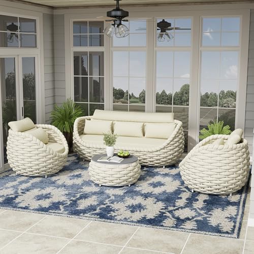 Erotr Woven Rope Outdoor Sofa Set: 4 Pieces Aluminum Patio...
