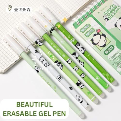 Image of UCRAVO Erasable Gel Pens Pack of 12 | Cute Panda Fine Tip Blue Ink Pens with Eraser | Smooth Writing Retractable Gel Pens for Students, School, Office, Journaling, Notes, Planner & Kids Stationery