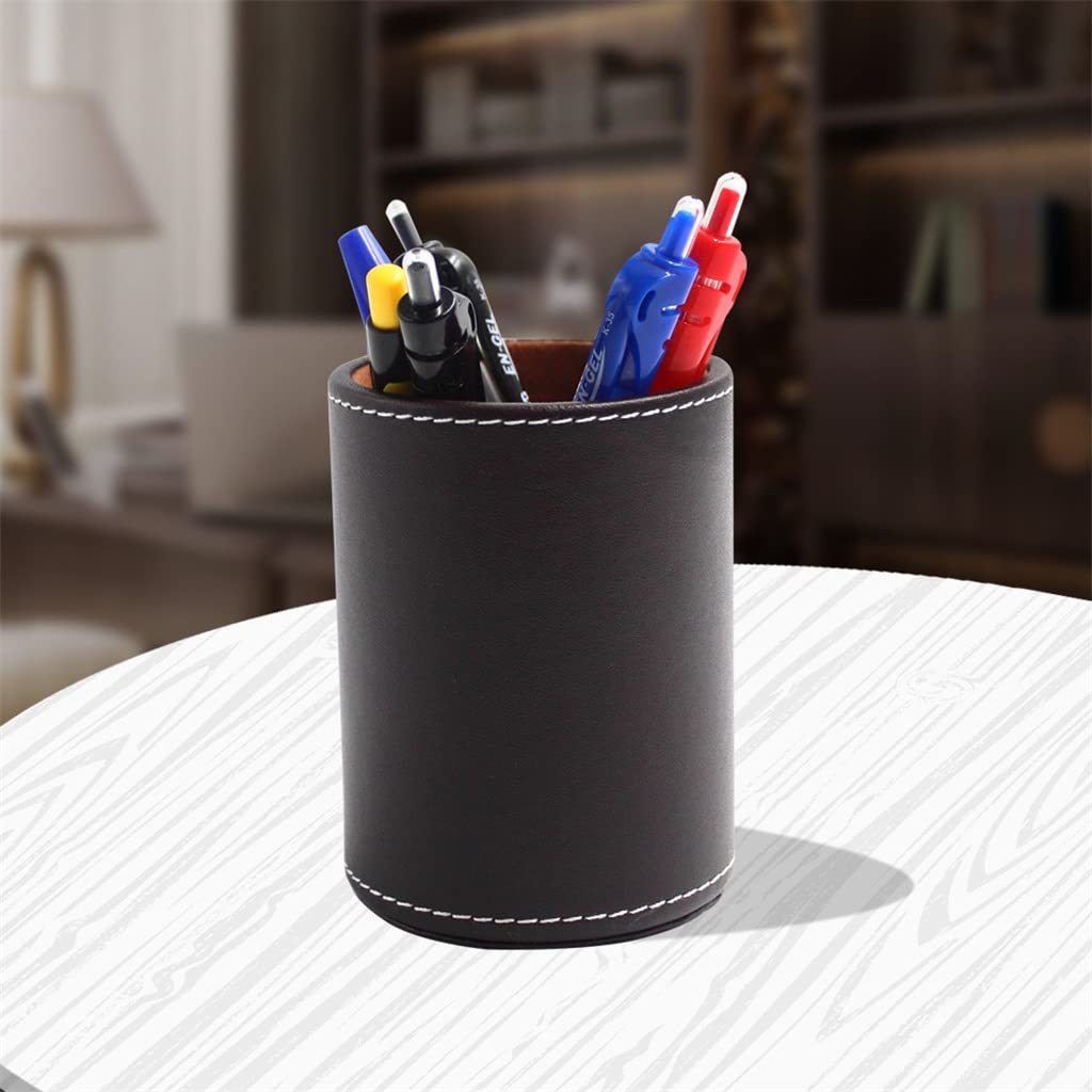 Business-Stiftehalter aus Leder, rund, für den Schreibtisch, für Schreibwaren, kreatives Bürobedarf, Bleistifthalter (schwarz, 8 x 10,8 cm)