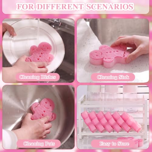 Image of Tioncy 12 Pack Kitchen Sponges Bulk Dual Sided Scrubber Sponges Dishwashing Kitchen Cleaning Accessories for Household Supplies(Gingerbread Man, Pink)