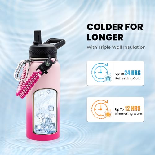 Image of RAYMYLO Insulated Water Bottle 32 oz, Triple Wall Vacuum Stainless Steel (Cold for 24Hrs, Hot for 12Hrs), Leak Proof & Non-BPA, Modern Water Flask Jug with Paracord Handle & Straw Spout Lids