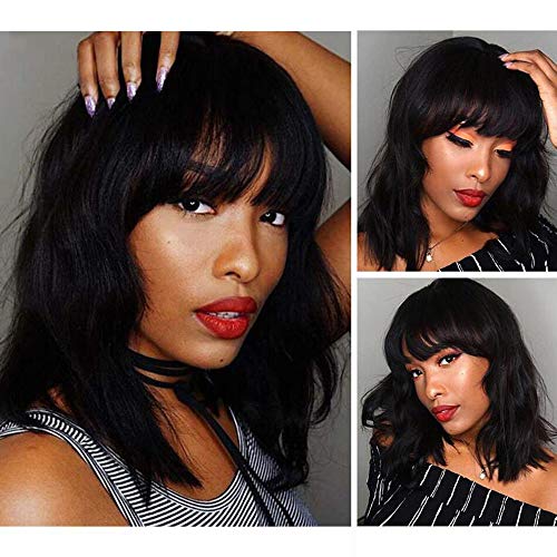Short Bob Wigs With Bangs 150% Density 10A Body Wave Human Hair Wigs Glueless None Lace Front Wigs Human Hair Natural Wave Bob Wigs 12 Inch Machine Made Bob Wigs for Black Women Natural Color