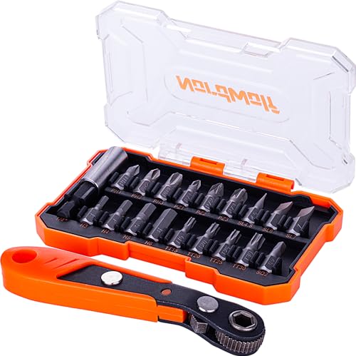 NordWolf 20-Piece Low Profile Mini Reversible Ratchet Wrench and Bits Set, Includes Square Head/Phillips/Pozidrive/Torx Security/Hex/Slotted Bits in Storage Case