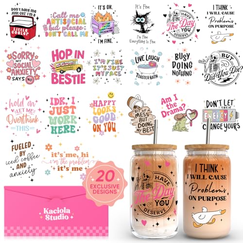 Kaciola Studio 20 Sheets Funny Sarcasm UV DTF Cup Wraps for 16 oz - Funny Theme Stickers for Glass Mugs Coffee, I'm Fine UV DTF Decals Waterproof Rub on Transfer DIY Crafts for Notebook Laptop