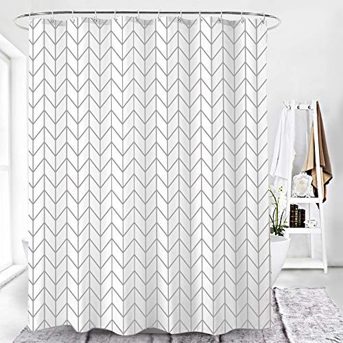 AmazerBath Fabric Shower Curtain, Grey Herringbone Pattern Polyester Fabric Shower Curtains with 2 Heavy Duty Clear Stones, Decorative Curtains for Bathroom, Hotel Quality, 72 X 72 Inches