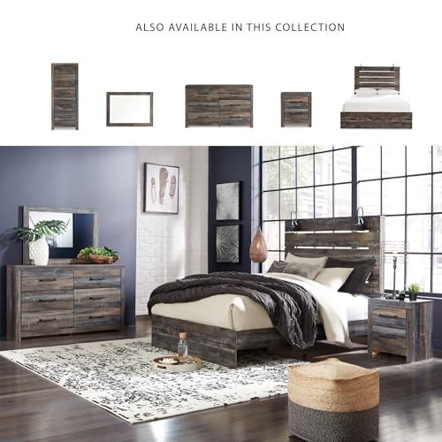 Image of Signature Design by Ashley Drystan King Panel Bed Frame with LED Sconce Lights, USB Power Ports, Engineered Wood and Decorative Laminate, Master Bedroom Setup, Dark Brown & Gray