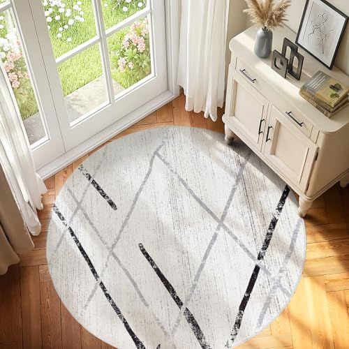 jinchan 5ft Round Moroccan Geometric Living Room Area Rug, Gray Black
