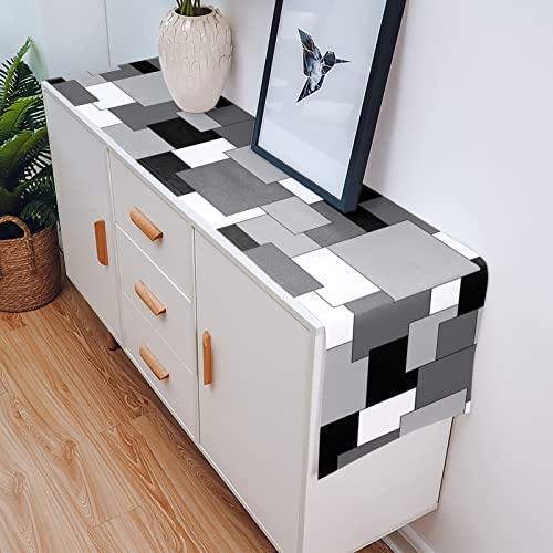 Abstract Geometric Table Runner 13X70Inch Long, Anti-Slip Cotton Linen Table Runenrs, Rectangle Tabletop Decoration For Wedding Kitchen Holiday Party Home Decor White Black Grey Color Block Splice #TOP4