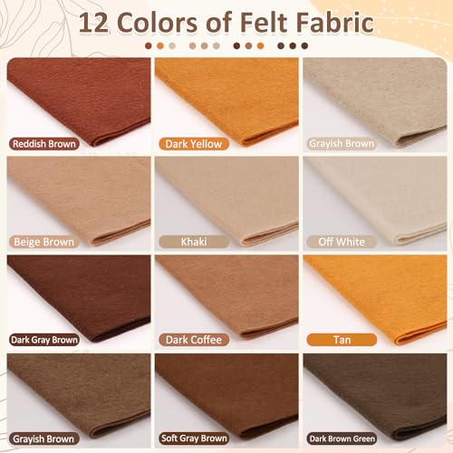 Image of XSEINO 12 Rolls 8 inchx35 inch(20.5x90cm) 1.4mm Thick Soft Felt Fabric Sheet 12 Assorted Brown Series Colors Felt Pack for DIY Craft Sewing Squares Nonwoven Patchwork