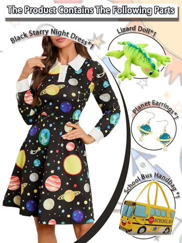 Image of Womens long Sleeve Peter Pan Collar Aline Dress for Halloween Role Play Party Teacher Costume with Bus Bag