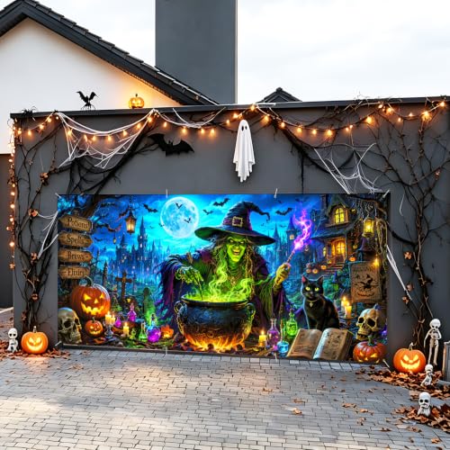 Image of Halloween Garage Door Decorations 6 x 13 ft, Witch Cauldron Cover